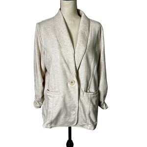 Susan Graver Blazer Large Beige Jersey Knit Ruched Sleeves Light Academia Career